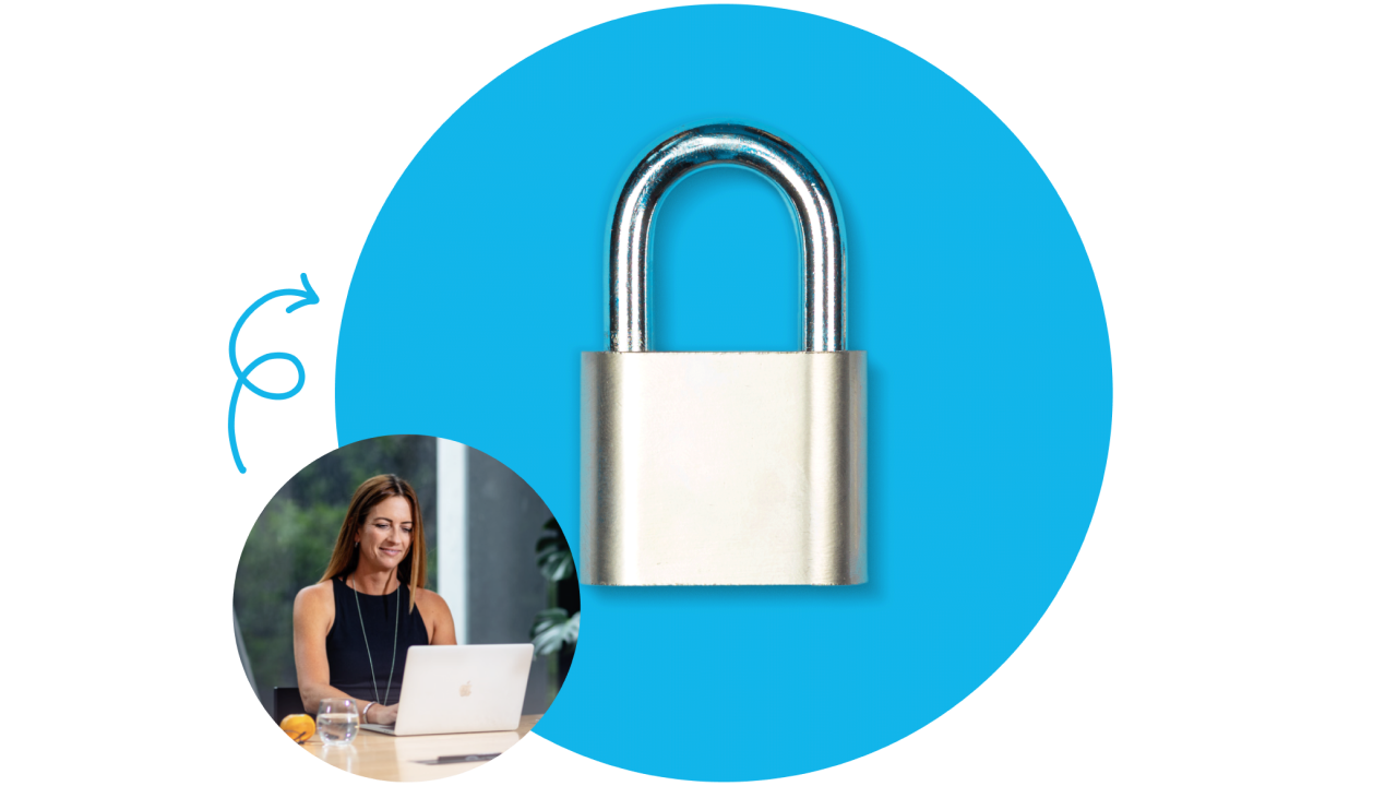 A blue circle with a padlock and a smaller circle with a woman working at a laptop